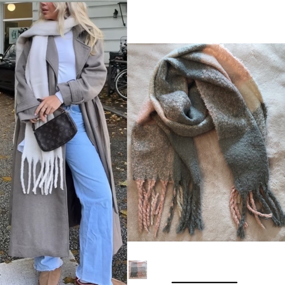 altar’d state grey/blush/ivory plaid fuzzy tassel blanket scarf 20” x 84”